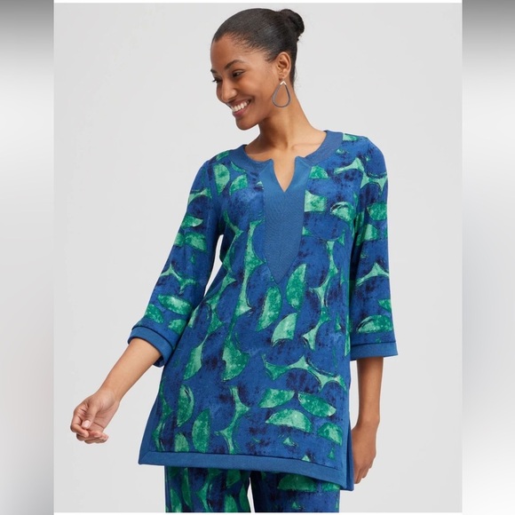 Chico's Vibrant Blue and Green Tunic 1 abstract print travel comfortable - Picture 1 of 10